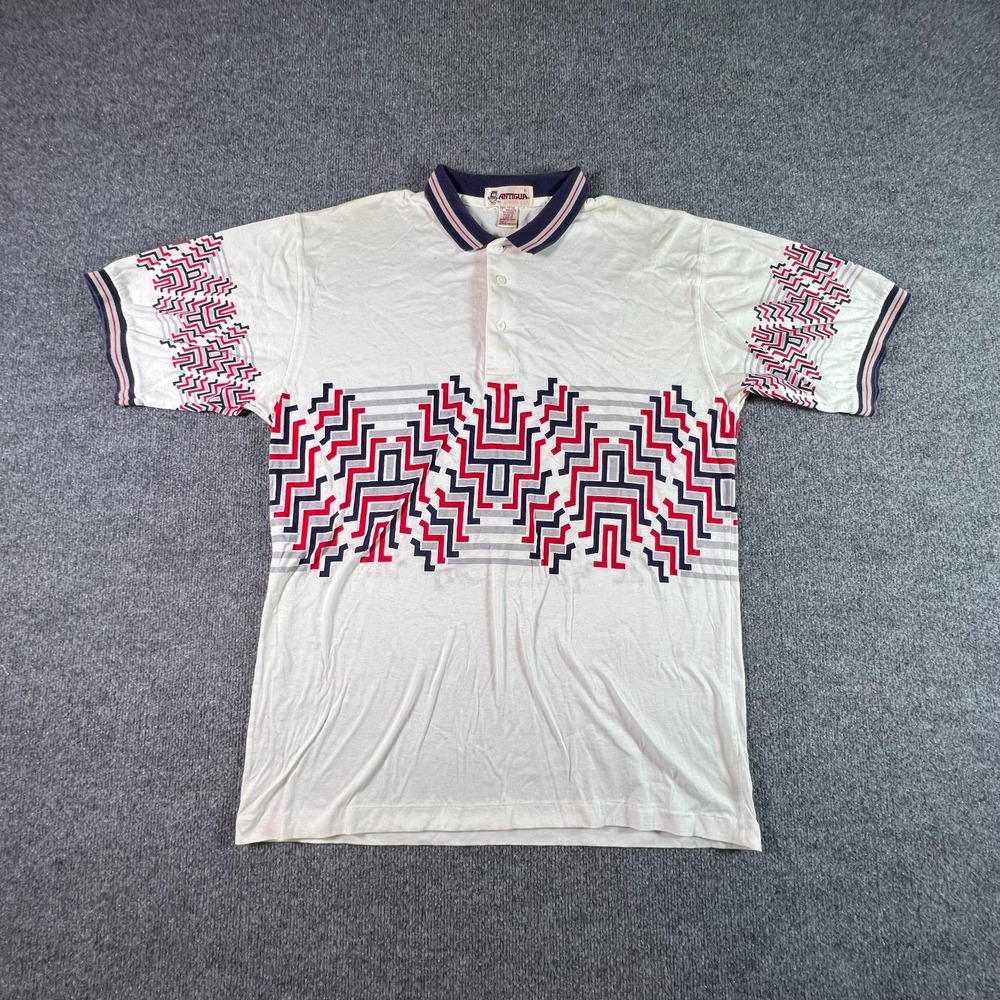 Vintage Antigua Mens Polo Shirt L White Cotton Golf Aztec Zigzag Made in USA